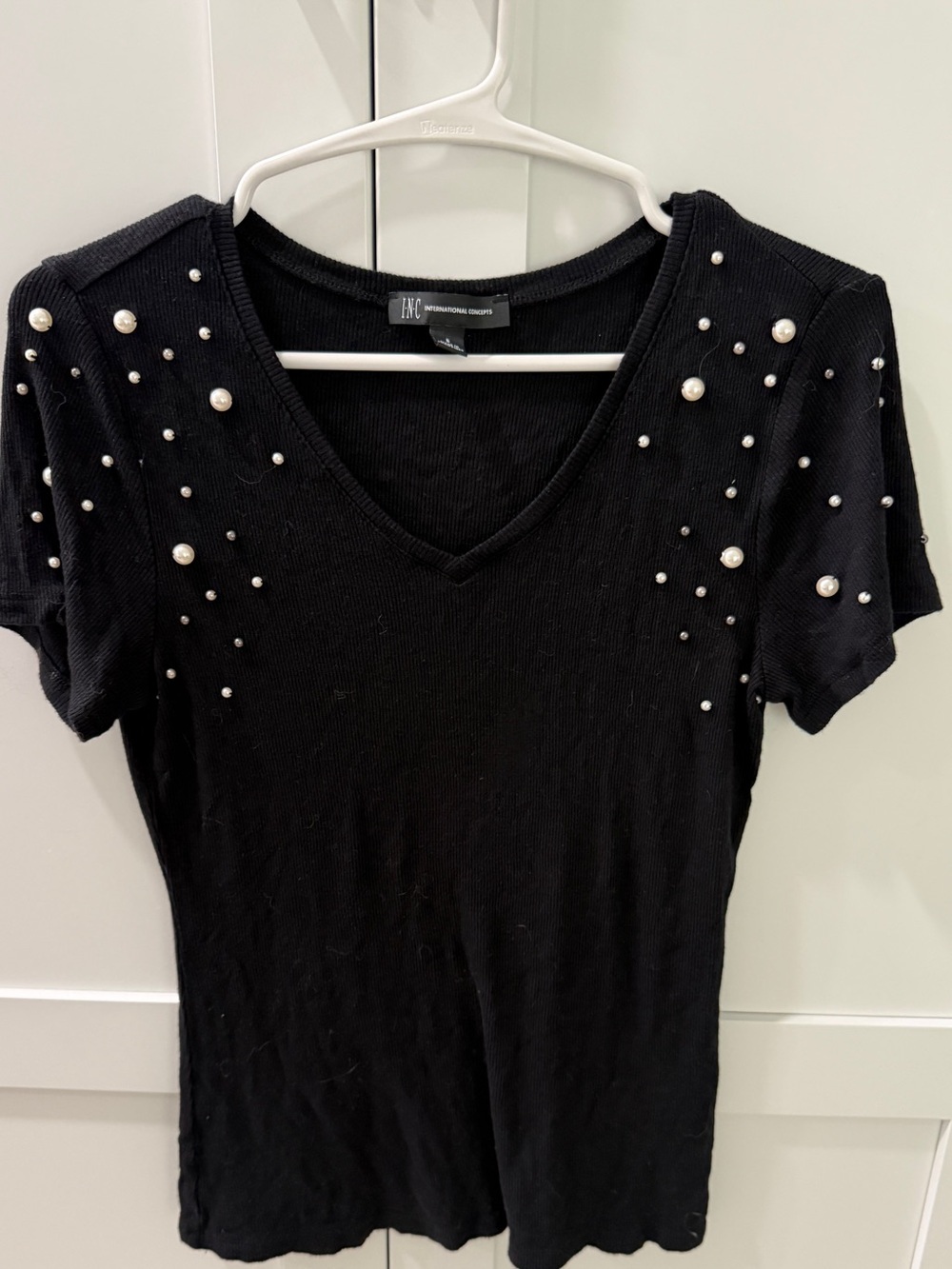 INC International Concepts Black V-Neck Top with Pearl Accents size small